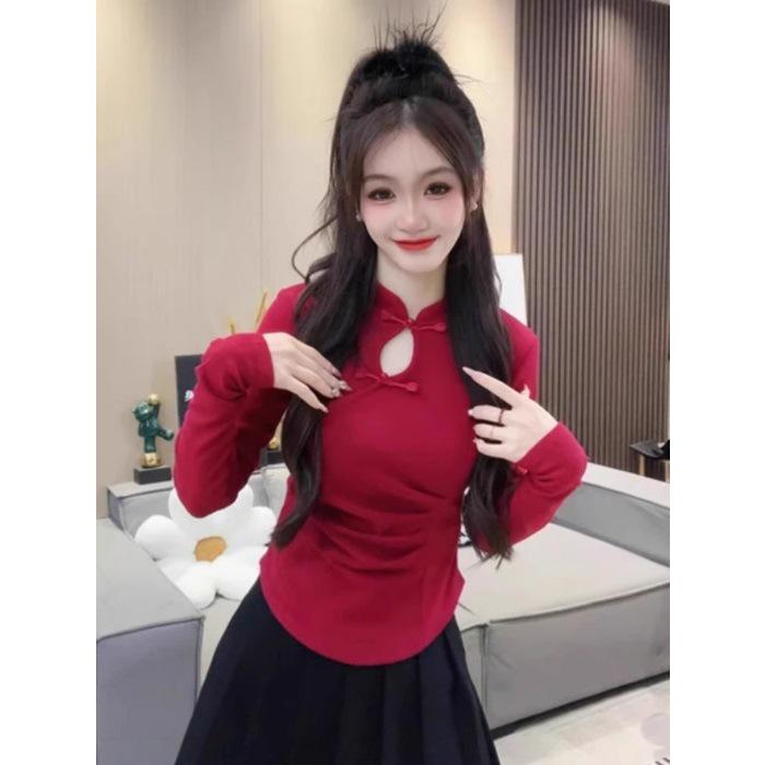 Spring 2025 Women's Slim Fit Long Sleeve Chinese High Neck Frog Button Top