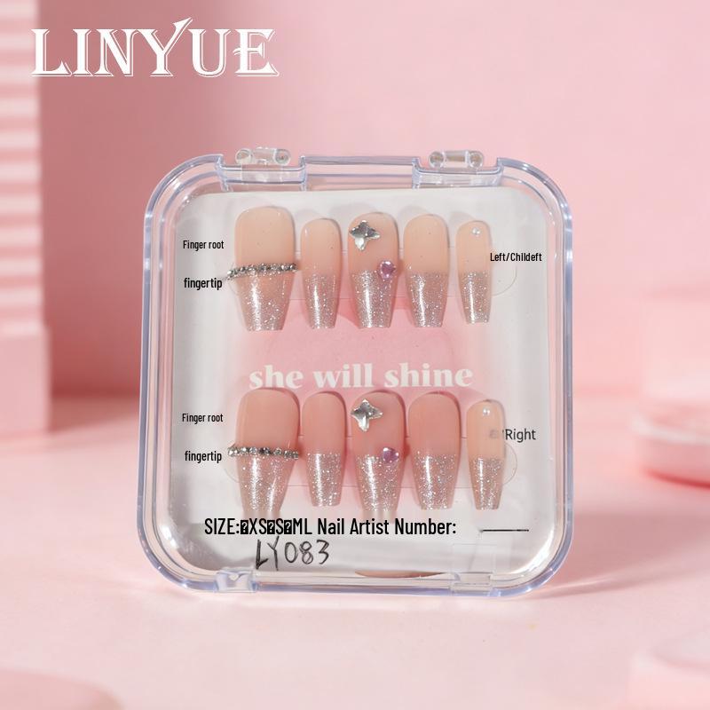 Nude Pink Gradient Glitter Rhinestone False Nails - Long Trapezoidal Design for Nail Art