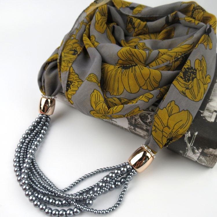 Chiffon Scarf with Pearl Tassel Decor Women's Fashion Lightweight Wrap Shawl