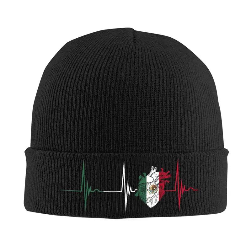 Mexico Flag Heartbeat Mexican Pride Beanie Hat Unisex Winter Warm Casual Wear for Mexican Heritage National Symbol