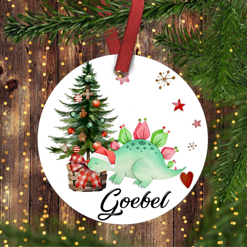 Personalised Christmas dinosaur decoration, Xmas tree ceramic hanging ornament, gift bauble, first Christmas keepsake present