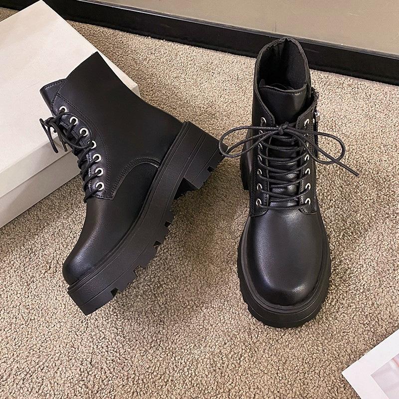 Fashion Autumn Fashion Thick Soled Ankle Boots Shoes for Women Versatile Height Increasing Black Leather Thick Heeled Short Botas Female