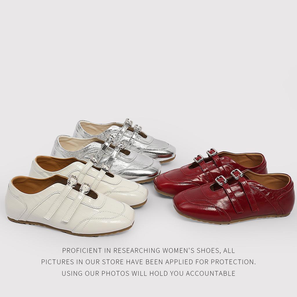 Metal Buckle OneWord German Training Shoes Ballet Style Small Leather Shoes Fashion Trendy Foreign Style Flat Shoes Single Shoes Women'S Shoes