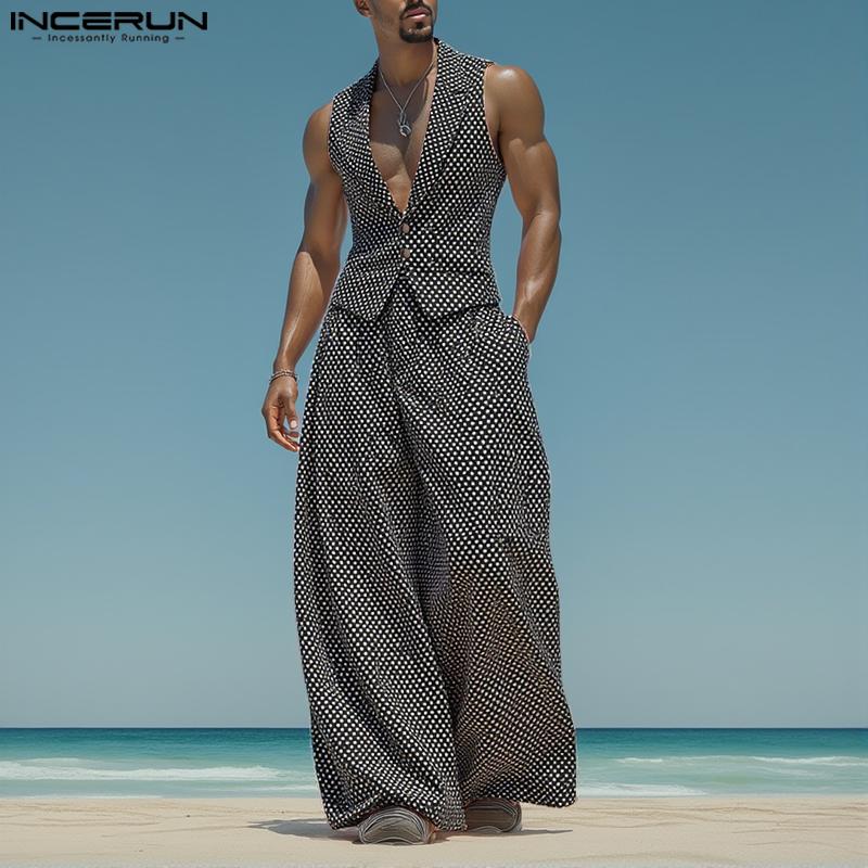 INCERUN Men Outfits Polka Dots Print Sleeveless Tops Long Pants Casual Sets
