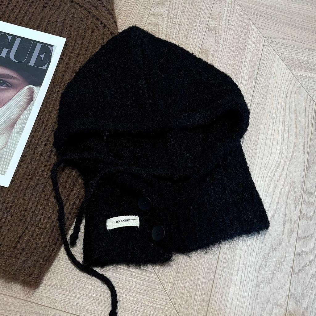 Autumn and Winter New Korean Style Anti Aging Balacala Cap Buttoned Scarf Cap One Piece Women's Ear Protecting and Warm Knitted Cap