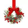 Christmas Wreath Door Hanger with Pine Needles, Red Berries, and Bow - Festive Decoration Ornament