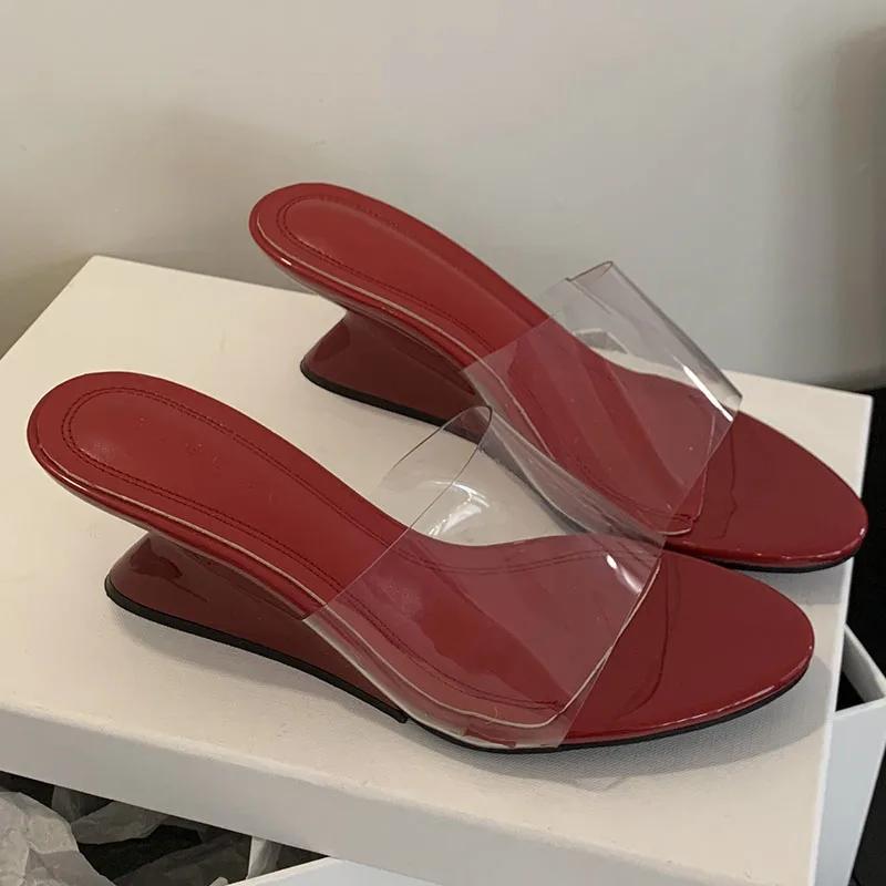

Модные прозрачные ПВХ туфли-шлепанцы с круглым носком и открытым носком на танкетке для женщин, сексуальные красные, дизайнерские, элегантные, повседневные, женские туфли-слайдеры 39 красный