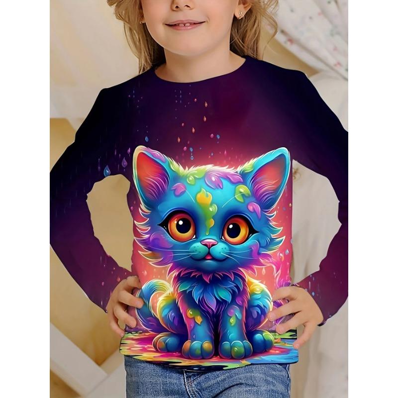 Spring and Autumn Round Neck 3D Cartoon Cat Printed Top Fashionable Casual Long Sleeved Children's Girl T-shirts