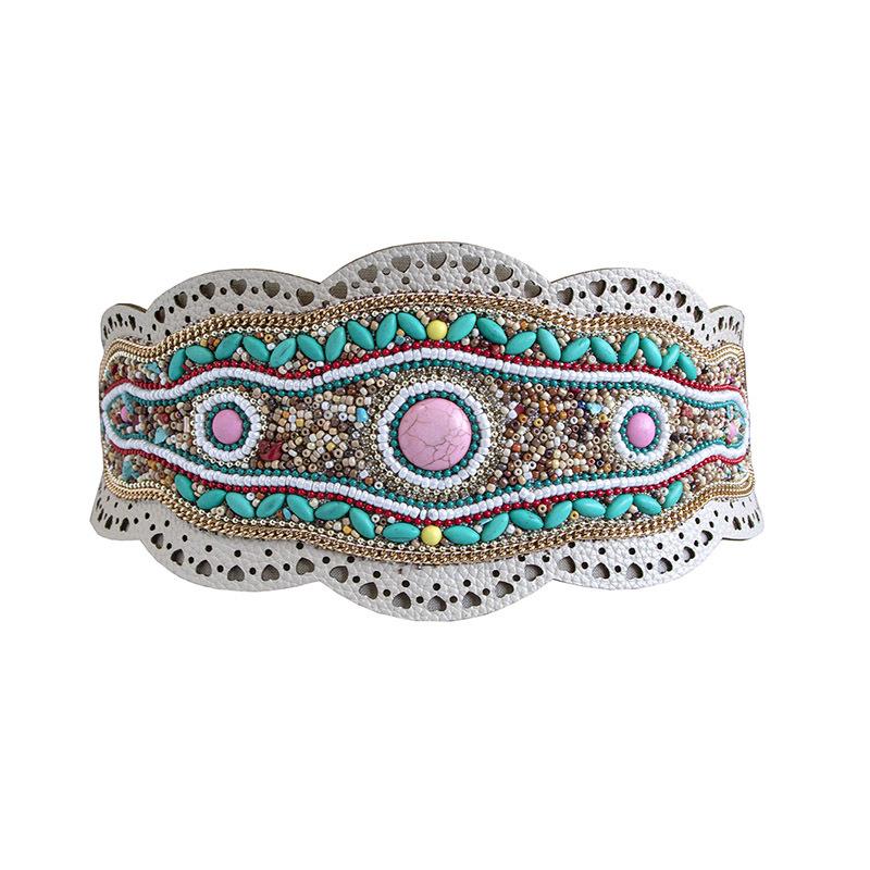 Boho Style Heavy Industry Turquoise Hollow Ethnic Style Pattern Elastic Ethnic Style Yunnan Travel Photo Elastic Tight Women's Waist Seal