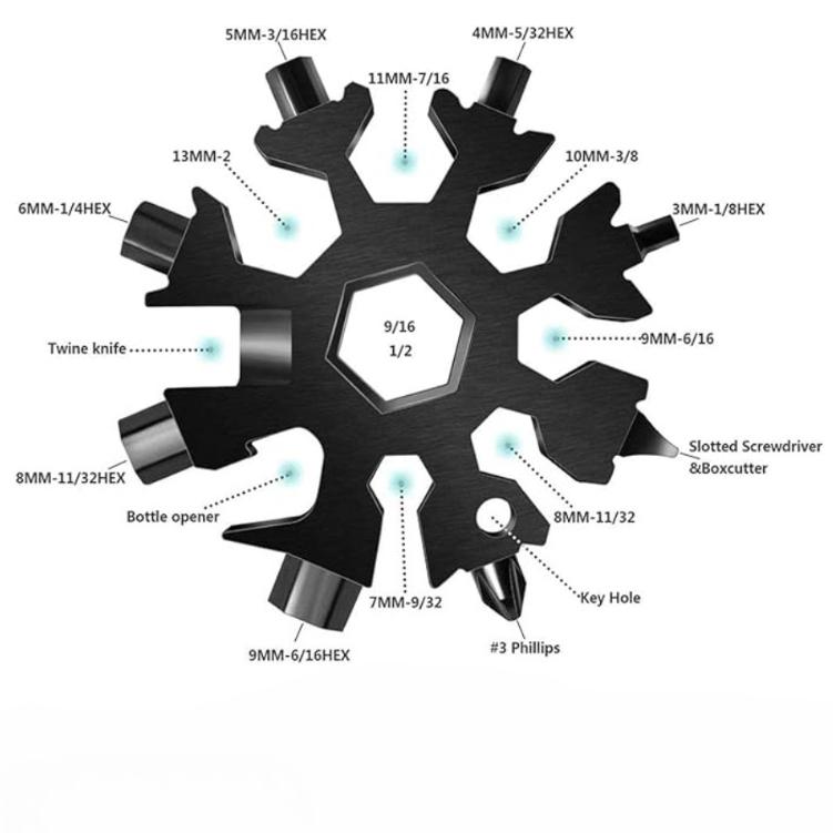 Lot de 4 Outils Multifonctions Flocon de Neige 18 en 1, Décapsuleur de Bouteille de Bière en Acier Inoxydable, Kit Tournevis Plat Phillips/Clé, Durable et Portable pour l'Extérieur