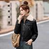 Women's Winter Korean Style PU Leather Coat with Fleece Lining and Fur Collar