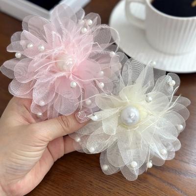 Fabric Lapel Pins Handmade Mesh Beads Pin Elegant Large Flower Brooches