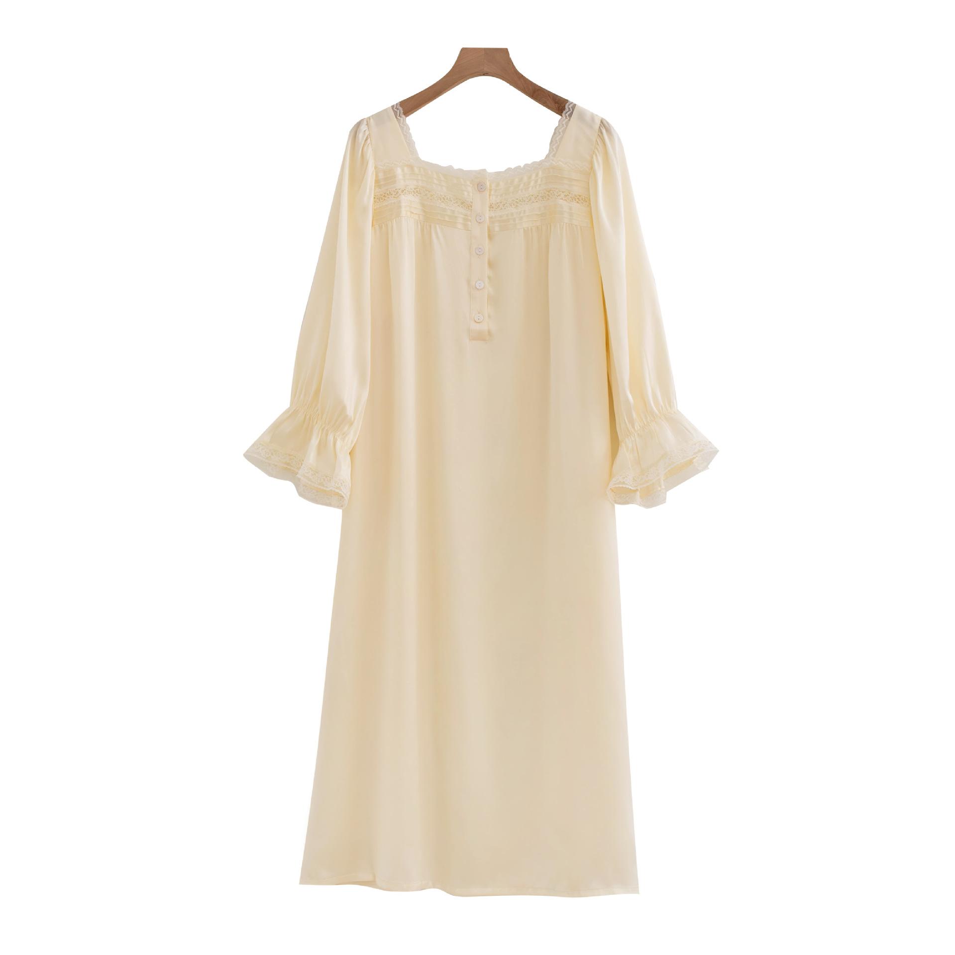 Autumn women s silk nightdress French square collar princess dress silk mulberry silk loungewear cool bubble sleeve nightdress M