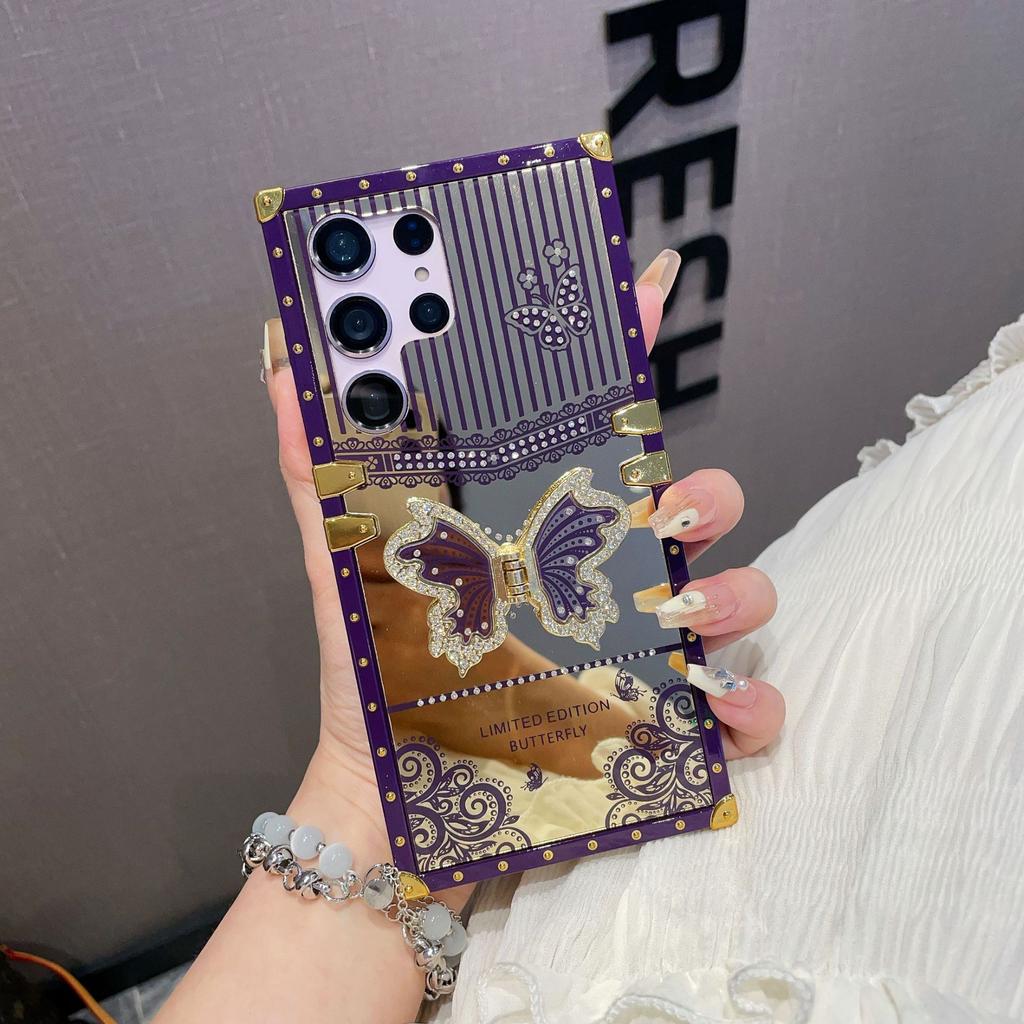 Suitable for Samsung S24 Butterfly Diamond  Inlay Bracket Mobile Phone Case A73 Makeup Mirror Catwalk Square Protective Case High End