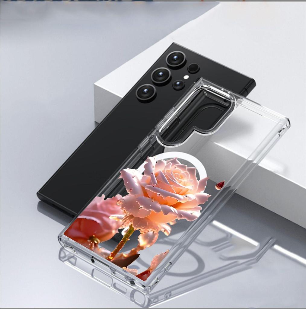 Pink Rose Magnetic Transparent Case for iPhone 15/16/17 Pro Max – Full Coverage