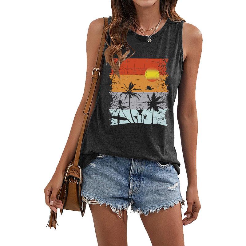 Women's Hawaii Landscape 3D Printed Sleeveless T-shirt, Y2K Street Clothing, Oversized Round Neck Tank Top, Off Shoulder, Women's Sleeveless T-shirt