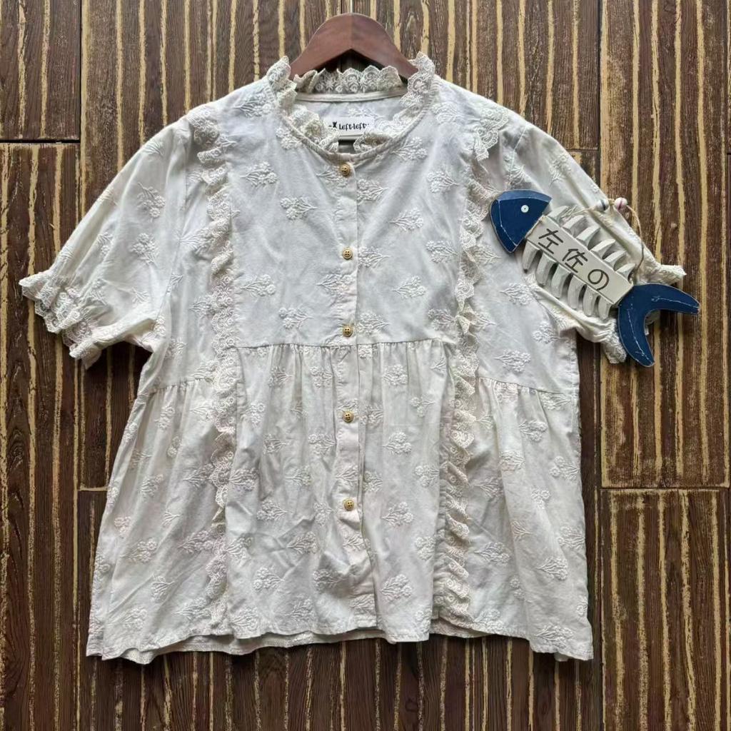1116 Summer New Women's Crew Neck Japanese Cotton Shirt Loose Shirt Top Cardigan Literary Style Mori Niche