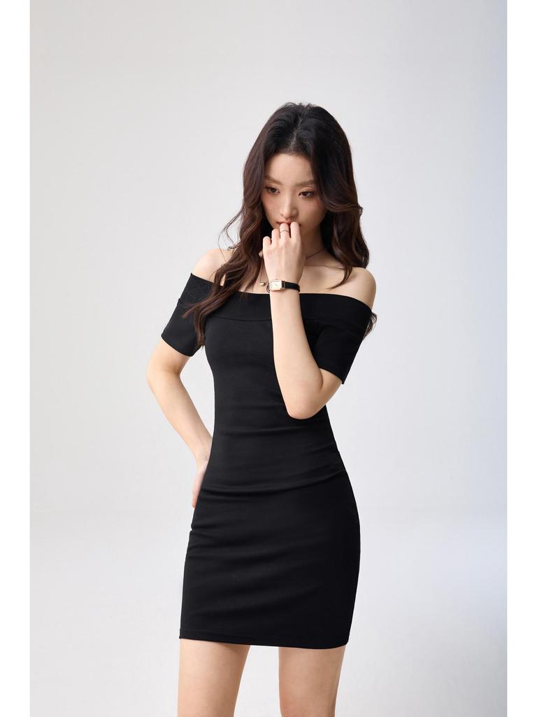 Combed Cotton One-Shoulder Summer Dress - Women's Sexy Slim Fit, Waist-Cinched, Hip-Hugging Short Style