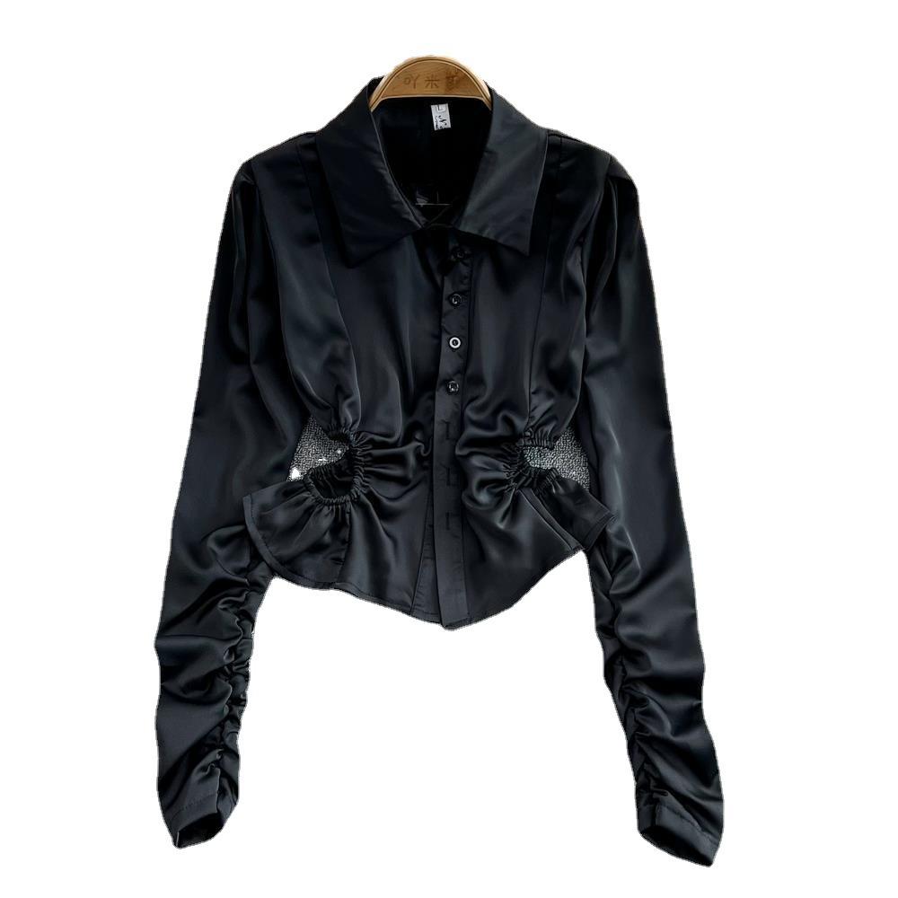 Jarní dámská plisovaná košile bez pasu s dlouhým rukávem, temperamentní krátký top