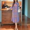Womens Elegant Pleated Midi Dress With Floral Print Loose Fit Stand Collar Single Button Front Plus Size Friendly