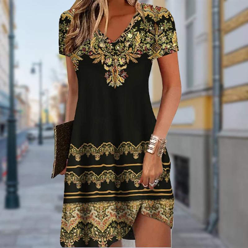 Summer Fashion Women's V Neck Short Sleeve Retro Simple Printed Dress Sex Short Skirt Dresses
