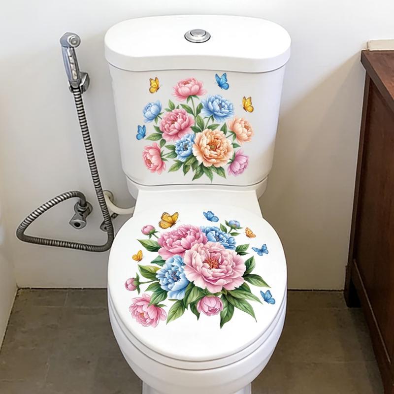 Floral Toilet Sticker Waterproof Easy to Clean Self-Adhesive Toilet Lid Wall Decal for Home Bathroom Decor