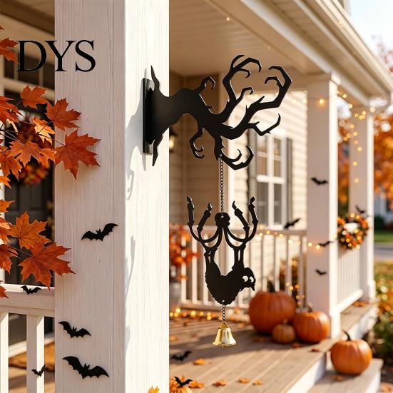 Spooky Entrance Hall Accents Halloween Welcome Sign, Wall Mount 2D Acrylic Hanging Decor with Bell, Door Bell Decorations Gothic Black Cat Creepy