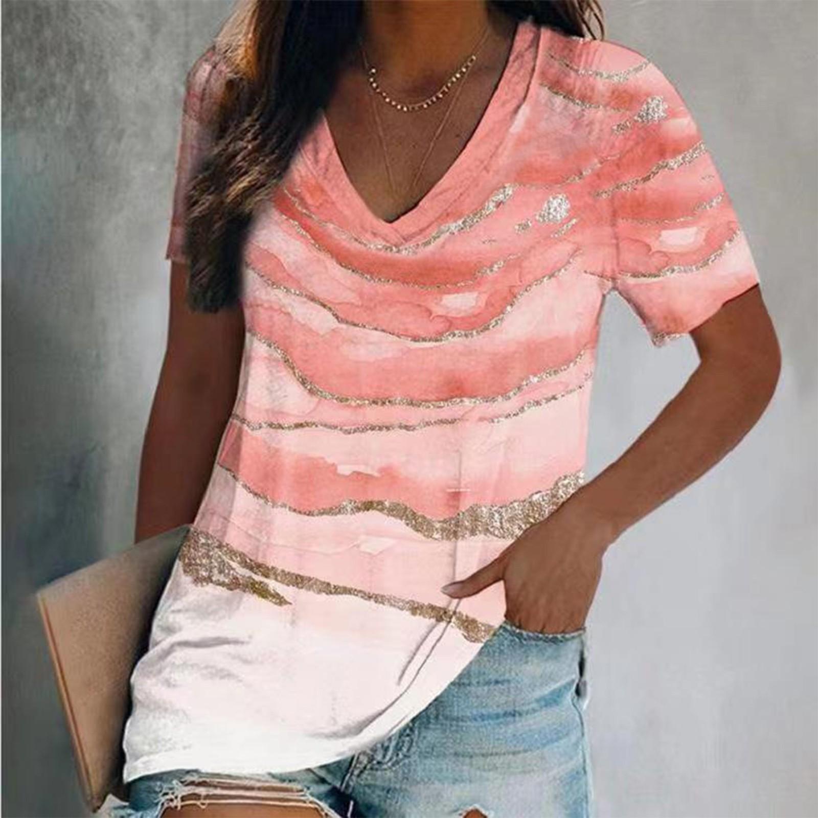 

Women Fashion Summer 2022 V-Neck Pullover Print Short Sleeve Top Blouse XXL червоний