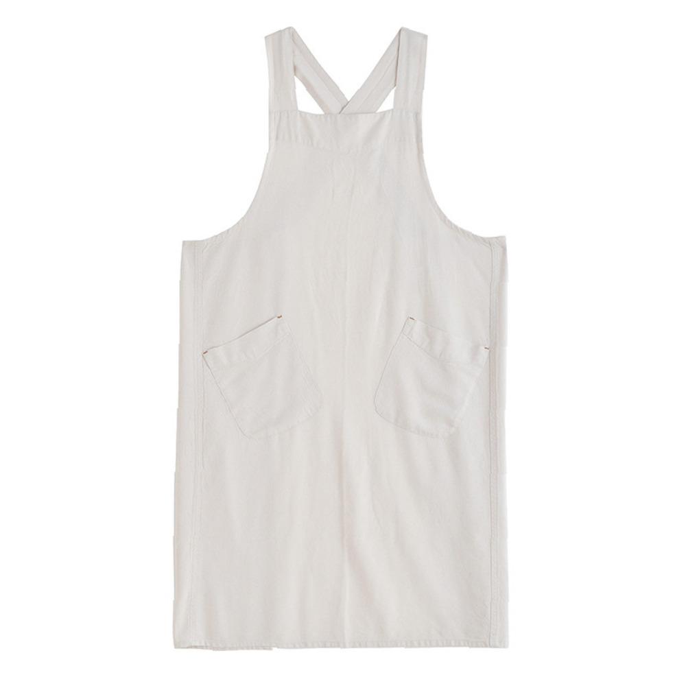 Cotton Linen Kitchen Apron Big Size With Pockets Pinafore Dress Adjustable Straps Japanese Style Cross Back Apron