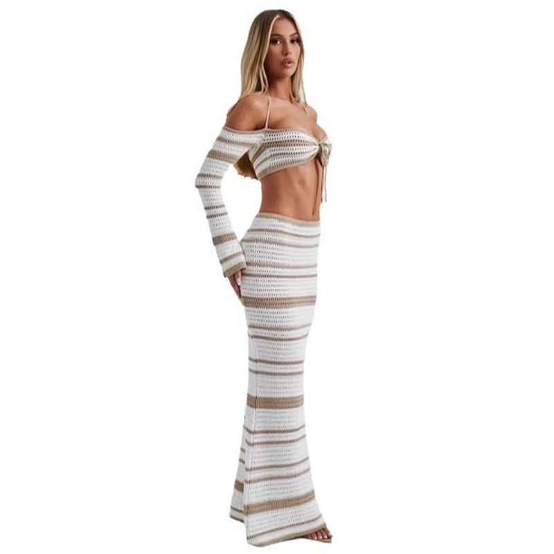 Long Sleeve Neck Hanging Dress Set Long Sleeves Halter Top Bodycon Dress Suit