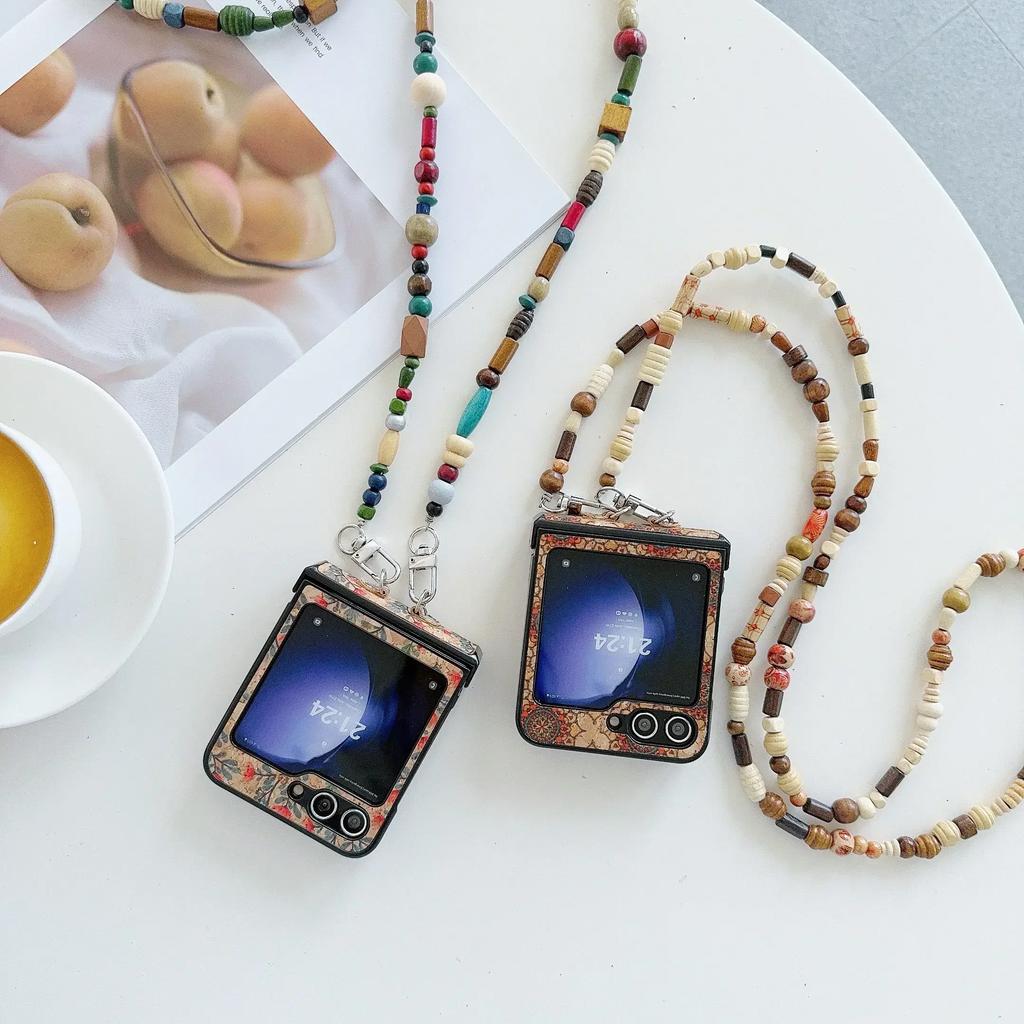 Retro Floral Prints Crossbody Lanyard PU Leather Cover with Glitter Bead for Samsung Galaxy Z Flip 6 5 4 3 Phone Case