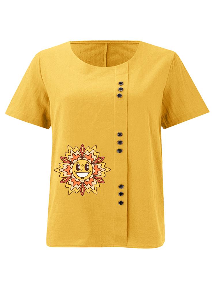 Women's Fashion Sunflower Print Casual Cotton Linen Short Sleeve Round Neck T-shirt Shirt Leisure Loose Summer Blouse Tops