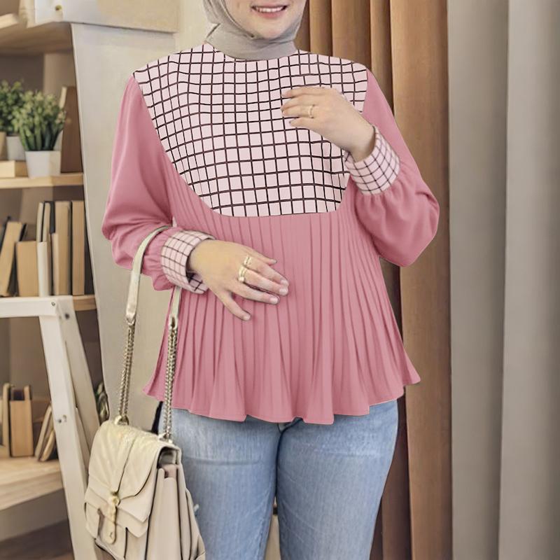 ZANZEA Women Casual Round Neck Plaid Print Patchwork Long Sleeve Blouse