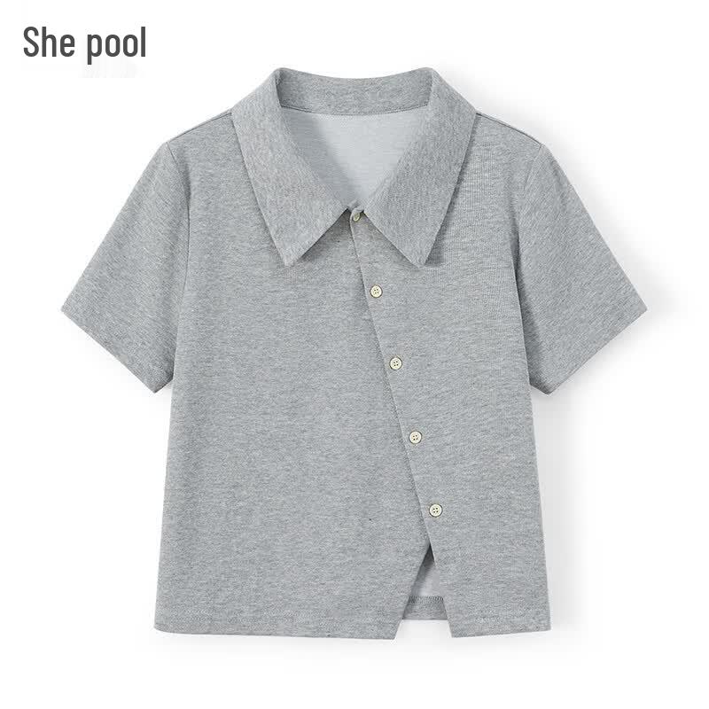 

Women s Slim-Fit Polo Blouse with Irregular Hem L