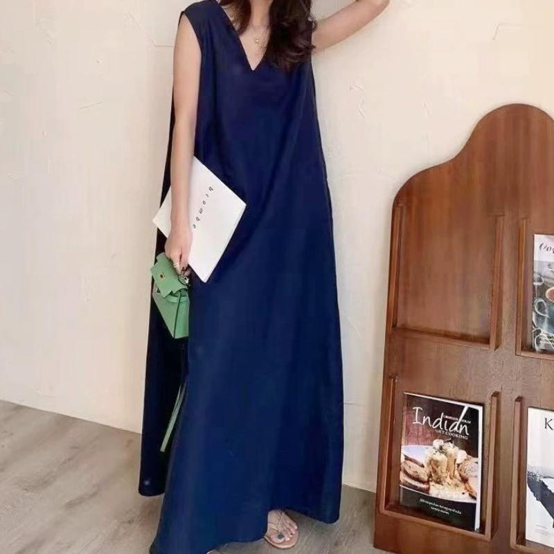 Original Cotton Linen Women Dress With Pocket Solid Loose V-Neck Sleeveless Summer Korean Long Robe Dress For Women