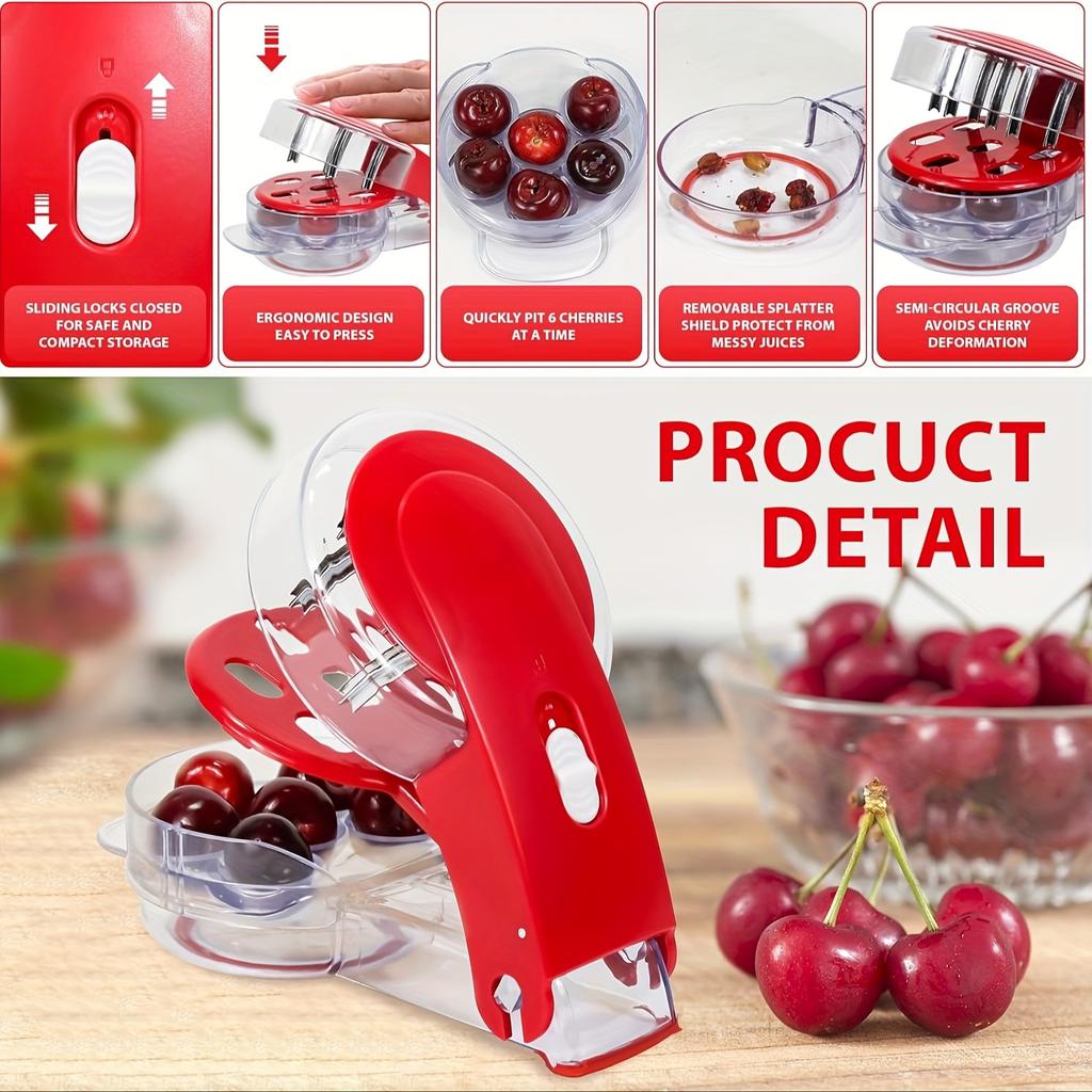 6 in 1 Cherry Pitter Tool with Ergonomic Handle , Portable, Mess Free Seed Remover for Cherries, Jujube , Dates, Easy Clean Silicone Design,
