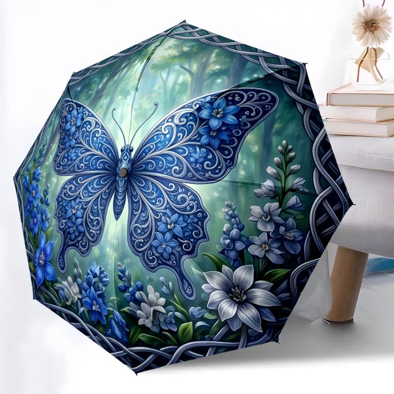 

1pc Sturdy 8-Bone Auto Umbrella, Teal Checkered Butterfly Floral Umbrella, Digital Printed, Foldable Umbrella for On-the-Go Outdoor Use