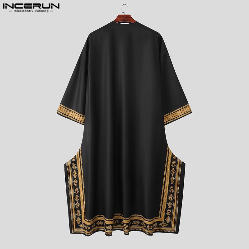 INCERUN Men Deep V Neck 3/4 Sleeve Floral Print Casual Loose Long Robes Tunic Tops