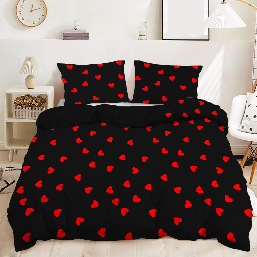 3 Pieces Bedding Set With Zipper Closure Red Heart Duvet Cover Queen Love Heart Pattern White Comforter Covers Set Cute Print