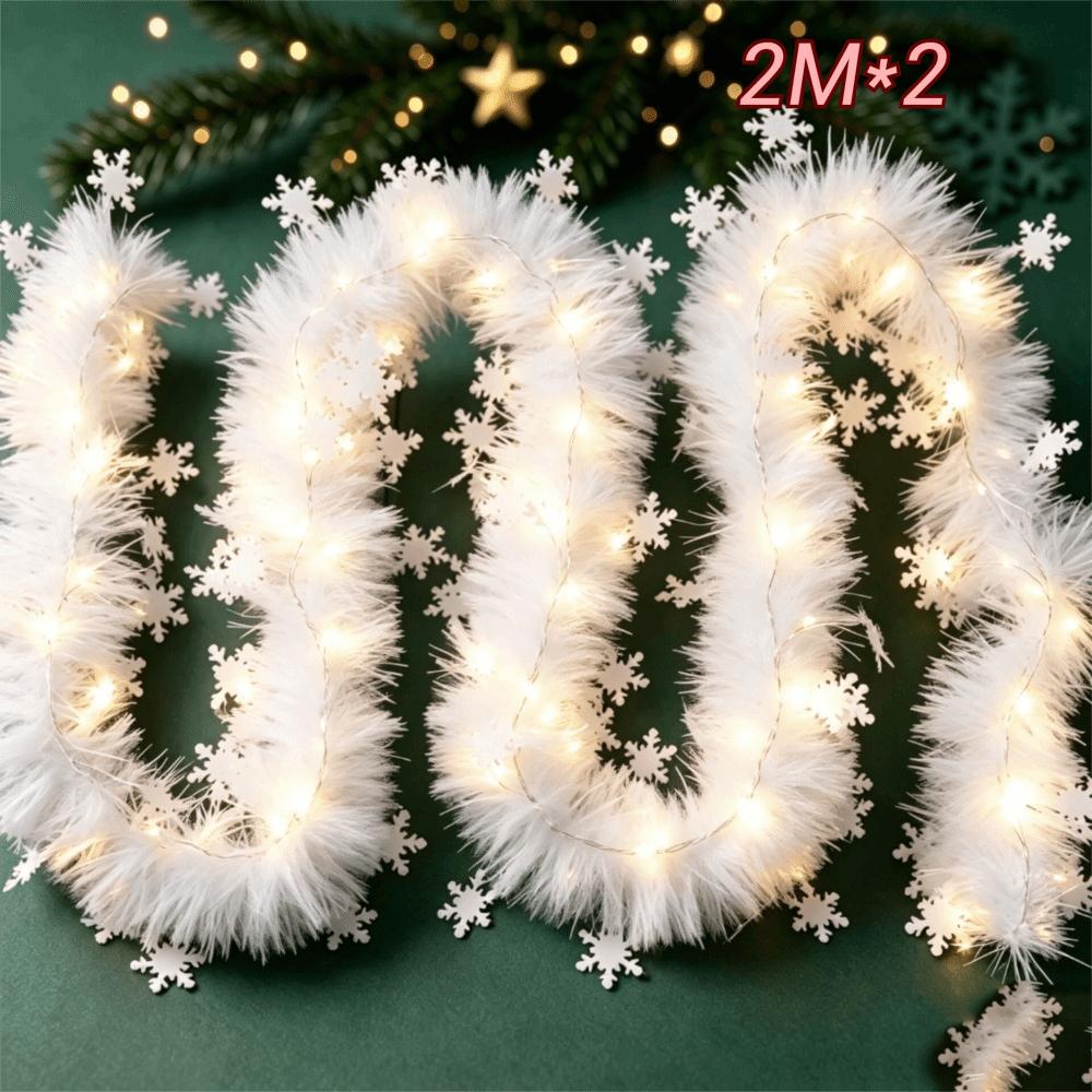 2M Christmas Snowflake Plush Ribbon with LED Light White/Red Snowflake Plush Tinsel Ribbon Long Strip Plastic