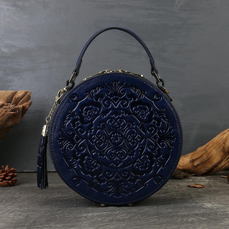 

Тисненая маленькая круглая сумка, сумка-переноска, сумка из натуральной кожи, высококлассная женская сумка через плечо синий