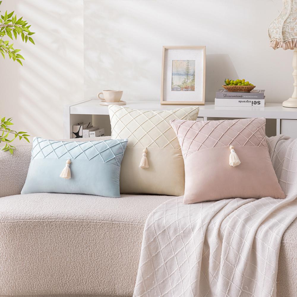 Ins Style Splicing Pillow Case Bedside Sofa Pillow Pillow Sample Room Decoration Diamond Tassel Pillow Case