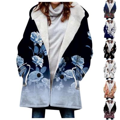 Damen Floral Pflanzen Print Warm Plüsch Kapuzen-Knopfjacke Übergröße mit Taschen