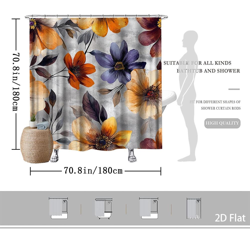 Modern Botanical Shower Curtain – Orange Yellow Purple Floral Design, Boho Farmhouse Decor, Machine Washable, 59X70.8In