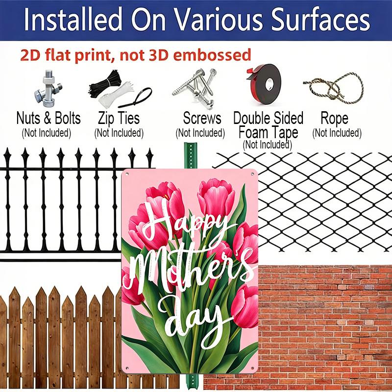 2D Flat, 1pc Tulip Bouquet Mother's Day Metal Wall Art Sign "Happy Mothers Day" - 8*12 Inch Aluminium Rustic Home Decor, Living Room Wall Art, Sweet