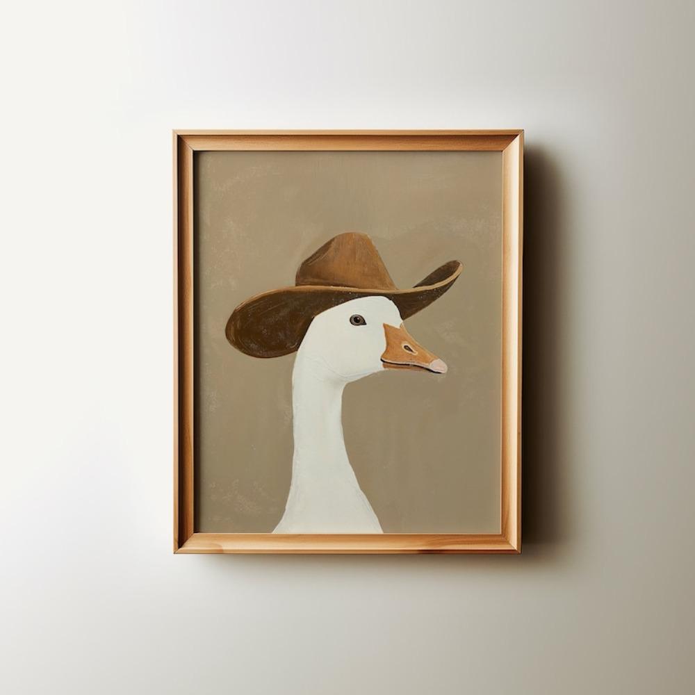 Silly Cowboy Goose,brown Cowboy Hat,western Nursery Art,neutral Boy Room Animal Art Wall Decoration Frameless Canvas Painting