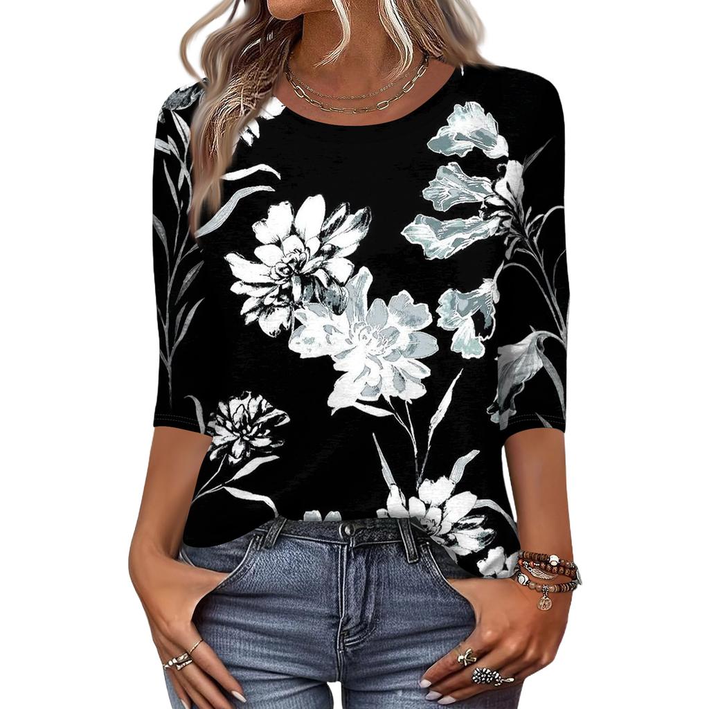 Mote Casual Rund Hals 3/4 Erme Løs Trykket T-skjorte Dame Topp