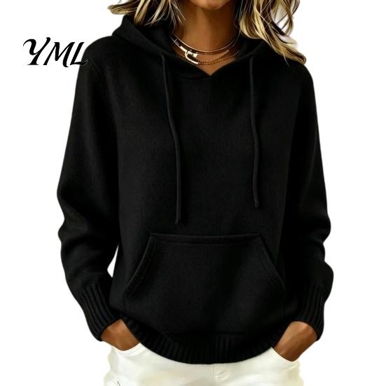 Lässige Langarm-Oberteile Damen Strick-Kapuzenpullover für Herbst Winter, Pullover Weiche Hautfreundliche Pullover mit Fronttasche, Unifarben mit Kapuze