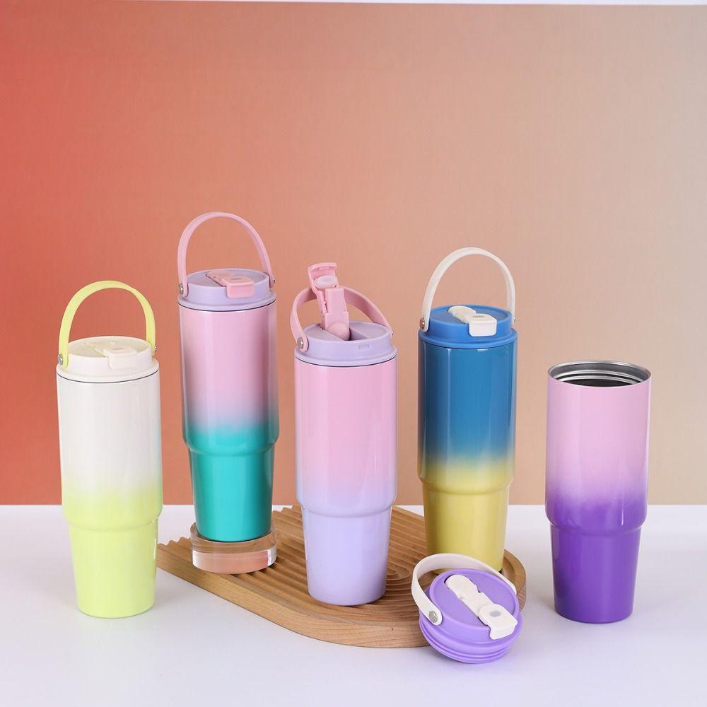With Straw Gradient Thermos Cup 30oz Car Cup Milk Stainless Steel Insulated Cup  Outdoor