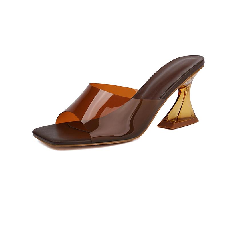 

FOREADA Women Slides Square Toe Strange Style High Heels Sandals Concise Slippers Ladies Fashion Shoes Summer Brown Gold 43 39 коричневый